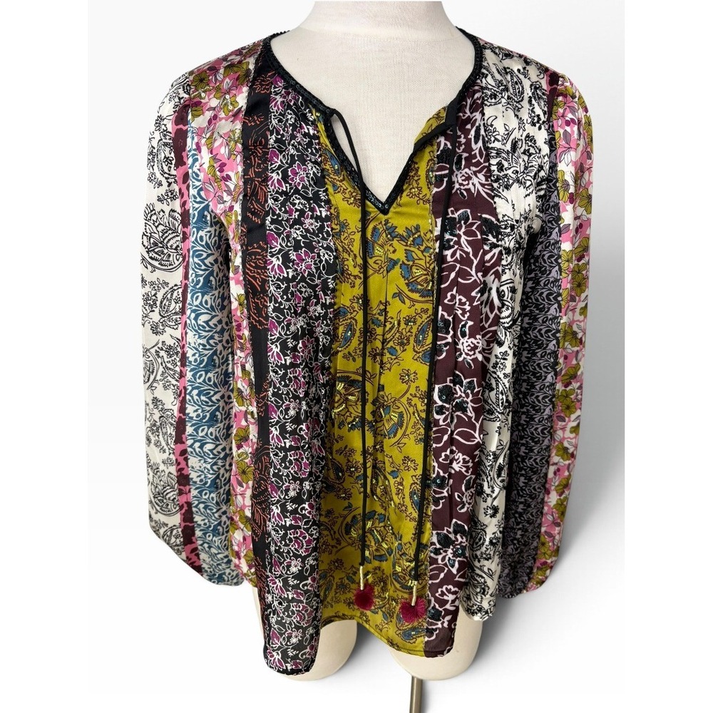 Daniel Rainn Corinne Anthropologie Peasant Blouse Mixed Print Tassel Tie Boho
